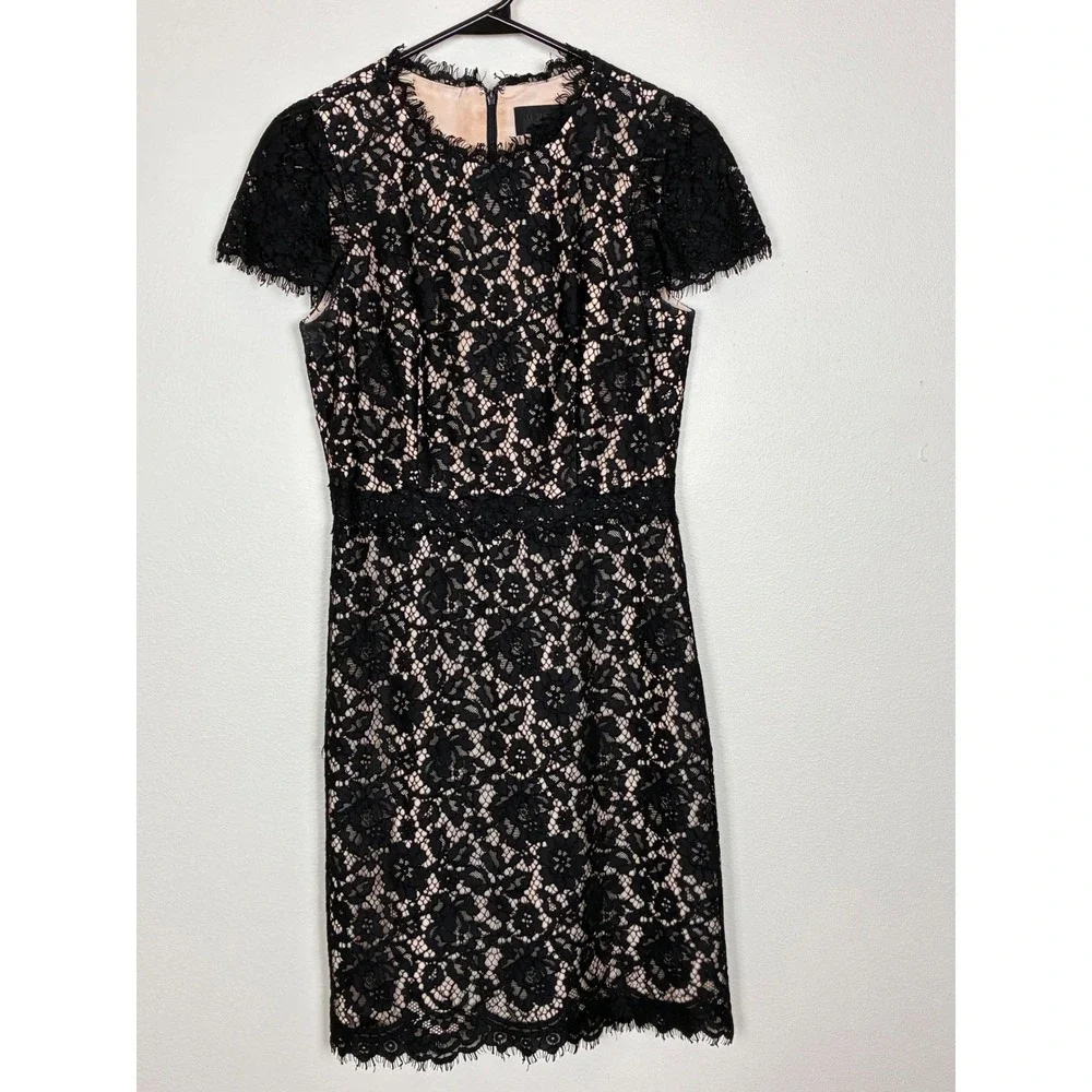 J. Crew Collection Black Floral Lace Sheath Dress F9096 Eyelash Fringe Trim Sz 0